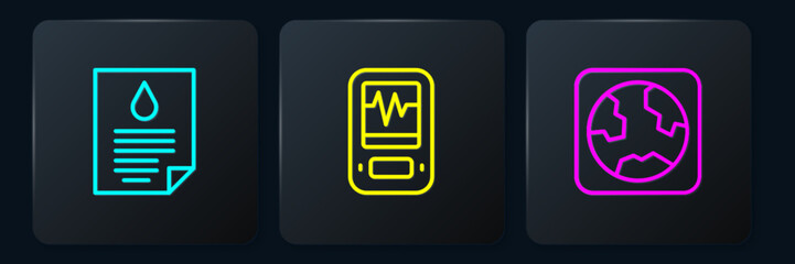 Set line Oil drop document, Earth globe and Seismograph. Black square button. Vector
