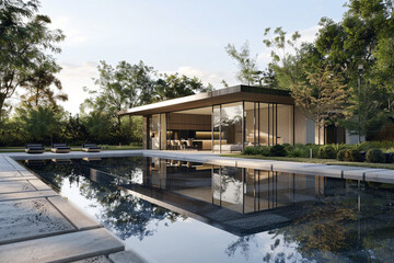 Poolside perspective looking towards a modern house surrounded by minimalist greenery.