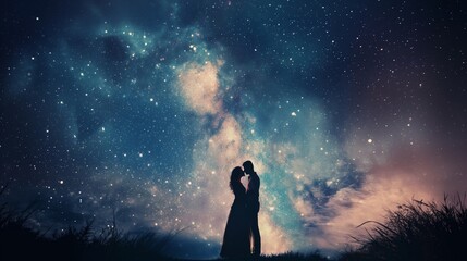 A young couple stealing a kiss under a star-filled sky, the world around them fading into the background.