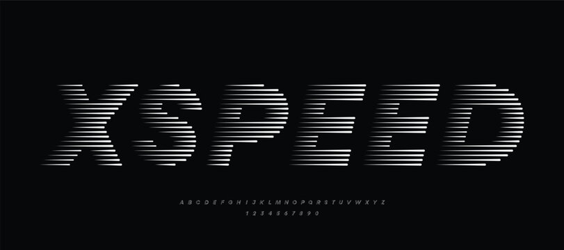 Alphabet and number font with abstract geometric speed motion lines