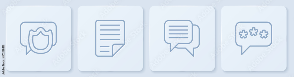 Poster set line speech bubble chat, file document and . white square button. vector