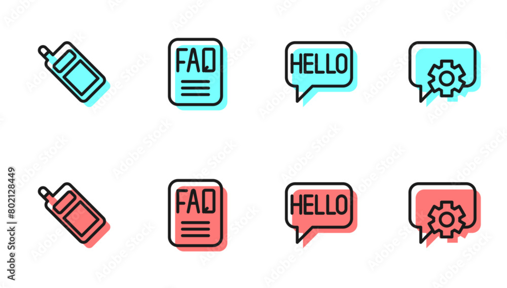 Poster set line hello in different languages, mobile phone, faq information and telephone 24 hours support 