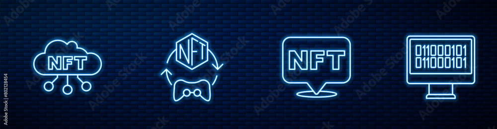 Poster set line nft digital crypto art, cloud, and binary code. glowing neon icon on brick wall. vector