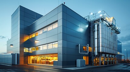 the exterior of a modern meat processing plant, symbolizing efficiency and hygiene standards