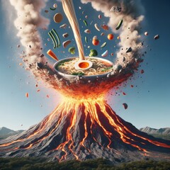 A Creative Culinary Illustration Volcanic Eruption of Ramen. A surreal artistic depiction where a volcano dramatically erupts, spewing ramen noodles, broth, and vegetables into the sky instead of lava