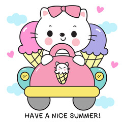cat summer drive car delivery ice cream cone kawaii kitten