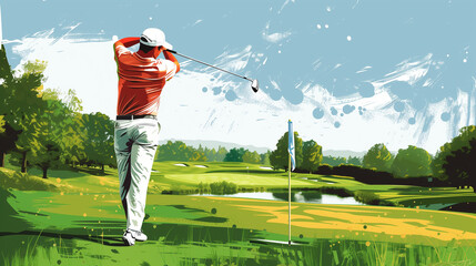 Golf - A golfer in mid-swing on a beautiful, green golf course. The focus is on the precision and calm required, with a distant hole flagged