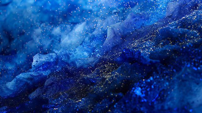 Majestic royal blue particles cascading in regal splendor against a softly blurred canvas, exuding elegance and sophistication.