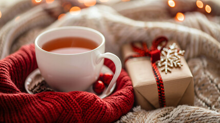 Cup of tea Christmas gift and decor on warm sweater