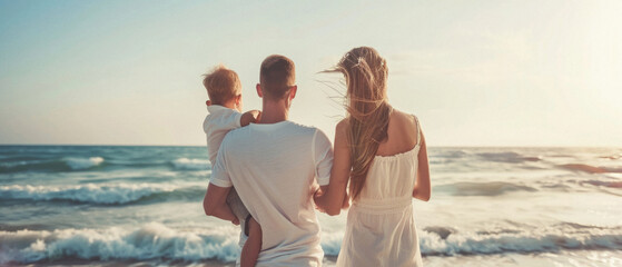 Fototapeta premium A family of three, a man and two children, are standing on the beach