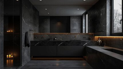 A black bathroom with a large mirror and a sink. The bathroom is very dark and has a modern design