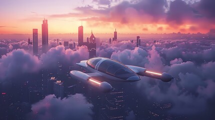 A futuristic cityscape with a flying car
