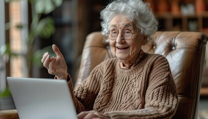 Happy deaf elderly woman uses sign language while video call using laptop while sitting in home office