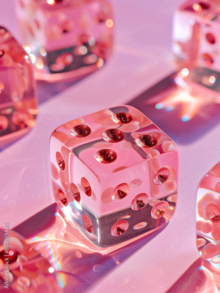 Wall mural pink print of transparent dice on a pink background, poster for the room, print for a girl