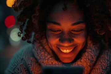 A woman with curly hair smiles while looking at a tablet, her face illuminated by the soft glow of the screen