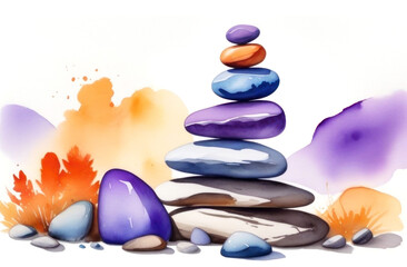 Tranquil watercolor painting capturing a balanced stack of stones