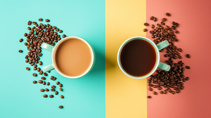 Cups of tasty coffee and beans on color background --a