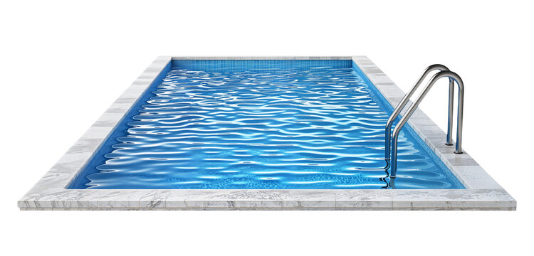 Large modern rectangular or square swimming pool filled with blue water png isolated on white or transparent background hd