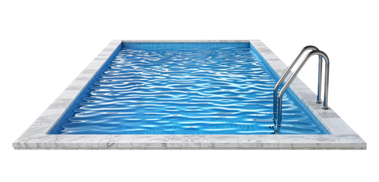 Large modern rectangular or square swimming pool filled with blue water png isolated on white or transparent background hd