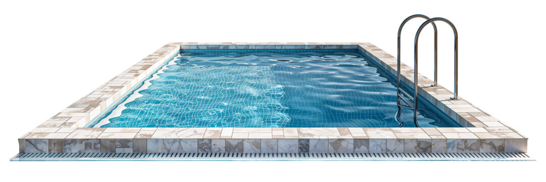 Large modern rectangular or square swimming pool filled with blue water png isolated on white or transparent background hd