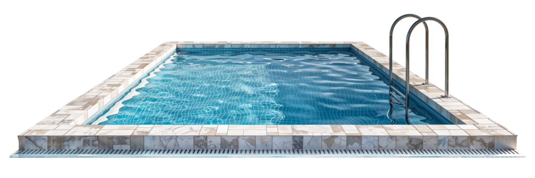 Large modern rectangular or square swimming pool filled with blue water png isolated on white or transparent background hd