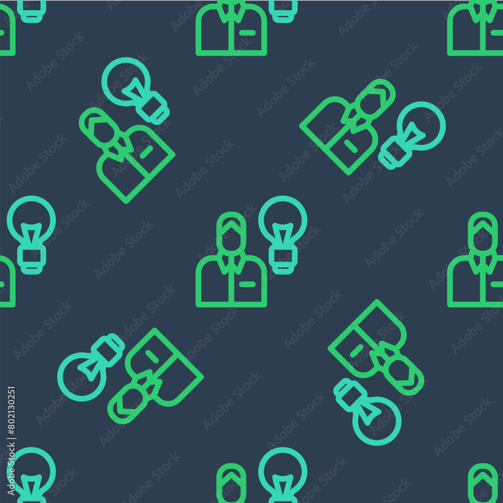 Poster line human with lamp bulb icon isolated seamless pattern on blue background. concept of idea. vector