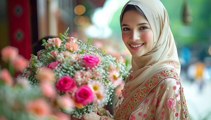 Happy muslim woman getting flowers as a gift 