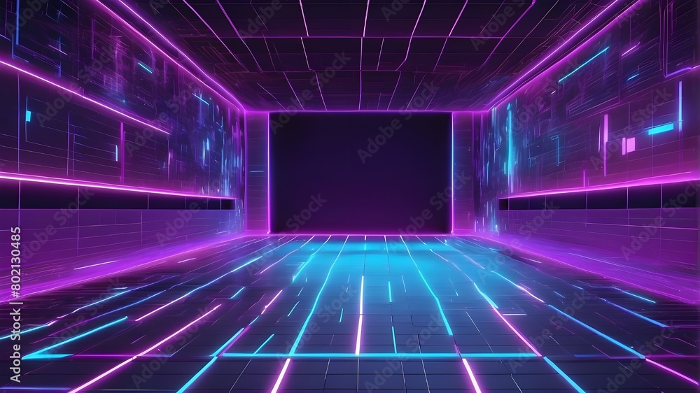 Poster neon glow light lines design on perspective floor with cyan blue and purple grids; cyberpunk, digita