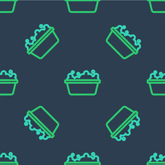 Line Baby bathtub with foam bubbles inside icon isolated seamless pattern on blue background. Vector