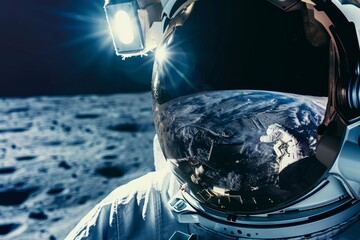 Astronaut wearing helmet stands on moons surface, reflecting Earth in visor, with lunar horizon in background