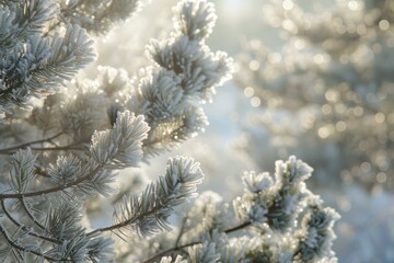 A detailed view of a pine tree covered in snow, with sunlight filtering through the branches