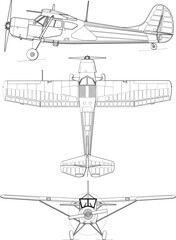 Adobe Illustrator Artwork  Yakovlev Yak-12 3-view line drawing-svg vector file.eps