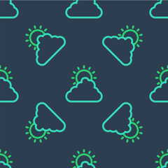 Line Sun and cloud weather icon isolated seamless pattern on blue background. Vector