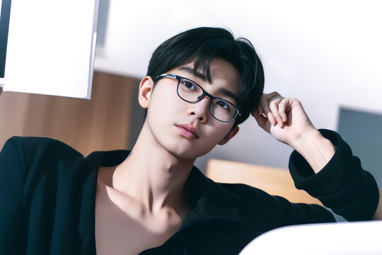 A close-up portrait of a handsome young Asian man wearing eyeglasses