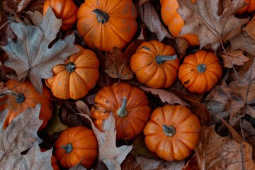 Several vibrant orange pumpkins are scattered on the ground among fallen leaves, portraying the essence of autumn and harvest