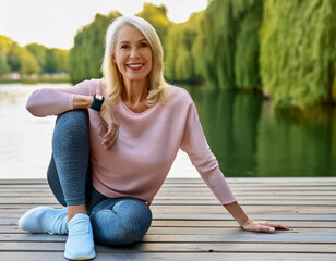 Beautiful blonde elderly woman sitting outdoors in sportswear front lake coast