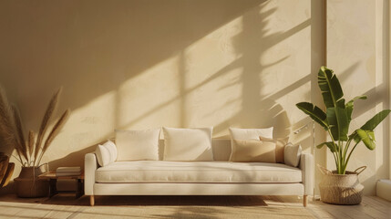 A white couch sits in a room with a large window, and a potted plant is placed in front of it. The room has a clean and minimalist design, with a neutral color palette