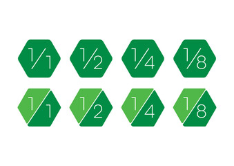 Fractional numbers in green hexagons. whole, half, quarter fractional numbers. fractional numbers concept