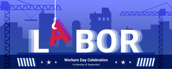 American Labor Day banner, Workers Day greeting card with text and city silhouette on the background, vector illustration.