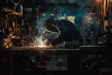 Sparks fly as a welder works in a dimly lit workshop
