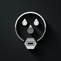 Silver Water drop forbidden icon isolated on black background. No water sign. Long shadow style. Vector