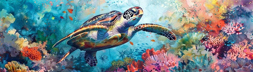 A beautiful watercolor painting of a sea turtle swimming over a vibrant coral reef