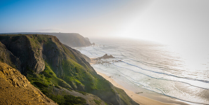 View of the dramatic coastline of Bordeira near Carrapateira on the costa Vicentina in the Algarve in Portugal