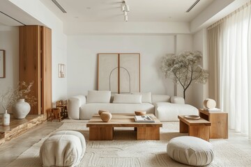 A furnished living room with various furniture pieces and a prominent large window, showcasing a minimalist Scandinavian design aesthetic