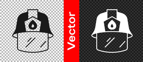 Black Firefighter helmet or fireman hat icon isolated on transparent background. Vector