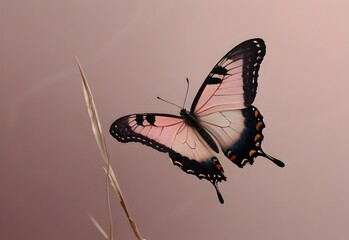 A butterfly fluttering on a soft pink background, generative AI