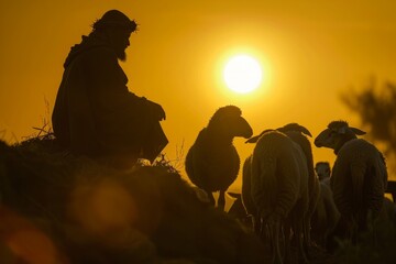 A man in silhouette kneels down beside a herd of sheep in a field