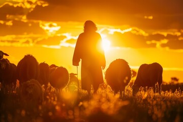 A person stands in a field surrounded by a herd of sheep, silhouetted against the setting sun with radiant light enveloping them