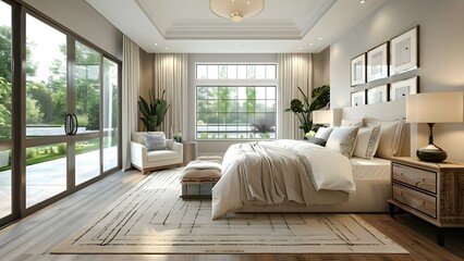 Upscale master bedroom with modern furniture wood floors and stylish carpet . Concept Upscale Bedroom Decor, Modern Furniture, Wooden Floors, Stylish Carpet