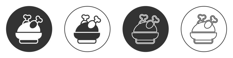 Black Roasted turkey or chicken icon isolated on white background. Circle button. Vector